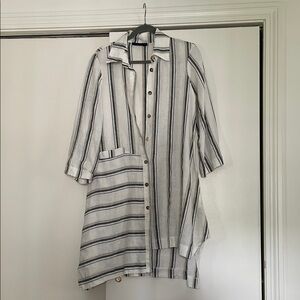 Luukaa Monochrome White Linen Striped Button Down Asymmetric Top,Tunic, Dress